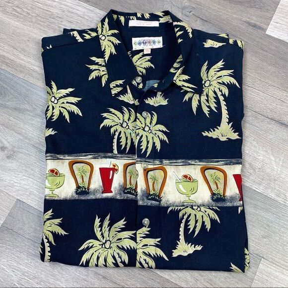 Campia Moda Tropical Cocktails & Palm Trees  Hawaiian Camp Shirt Black XL - Picture 1 of 7
